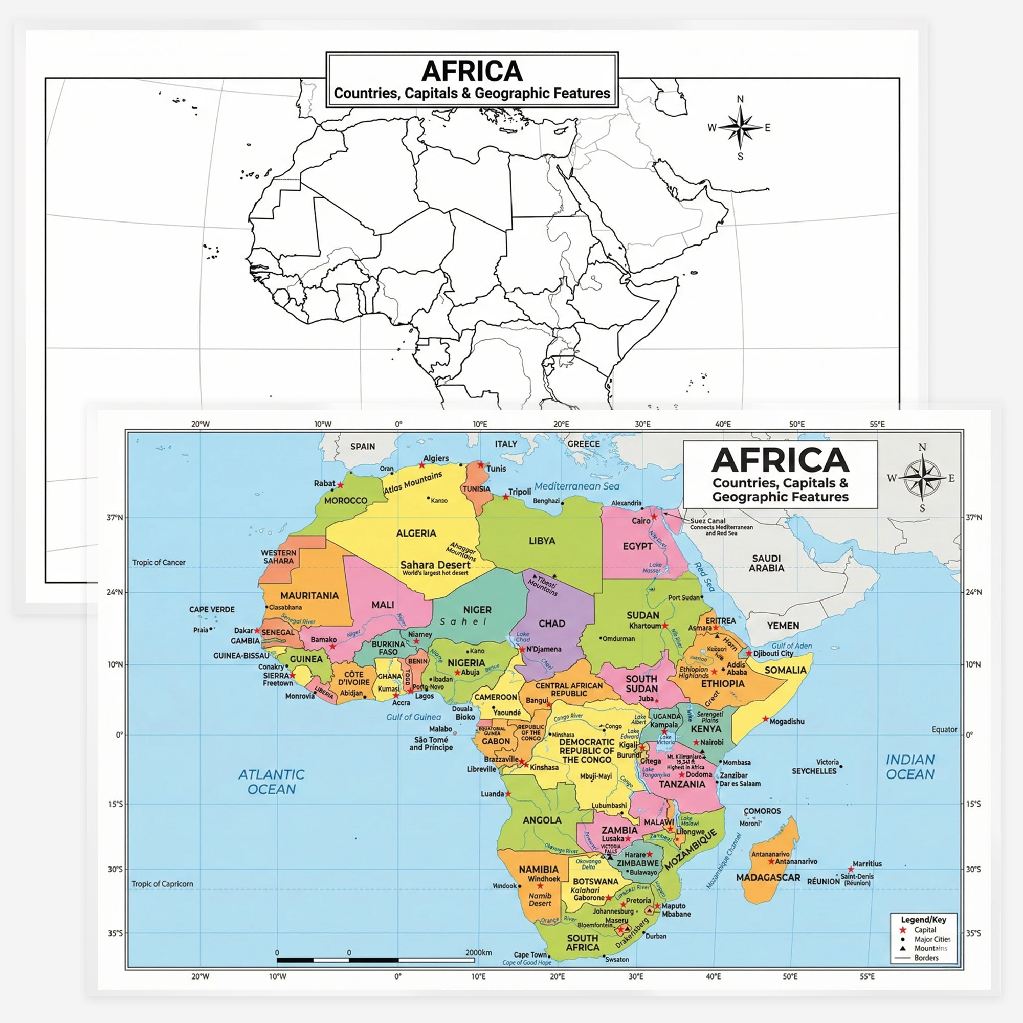 Africa Map | 11×17 Laminated Dry Erase Study Map (Double-Sided) | Geography Learning Chart for Kids