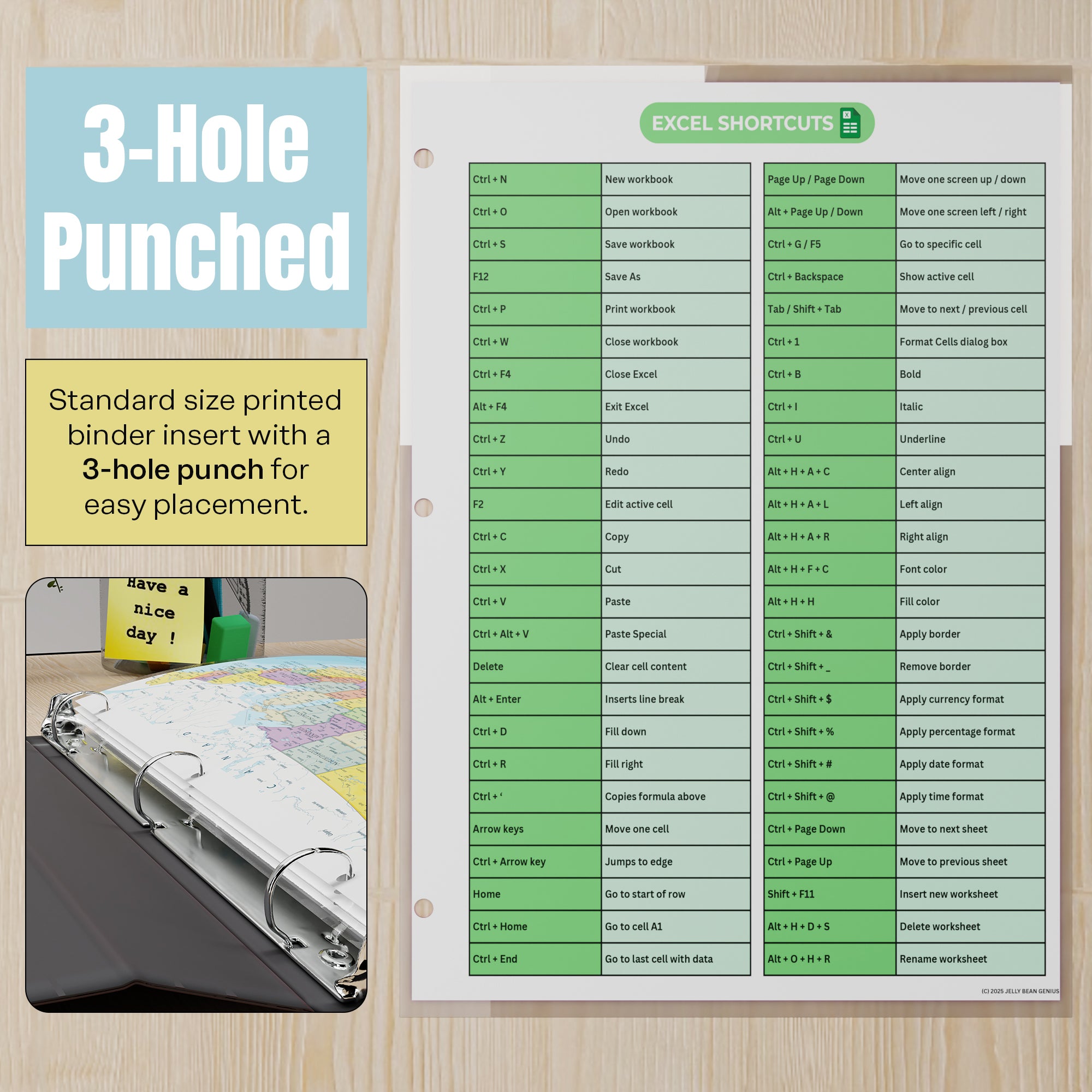 Excel, Word & PowerPoint Keyboard Shortcuts Binder Insert (Double-Sided Reference Page) | Excel Skills Chart for Kids