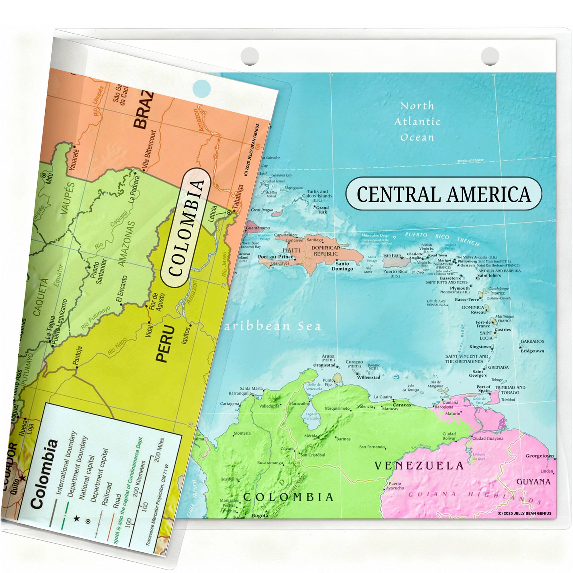 Central America Map & Colombia Map Reference Binder Insert (Double-Sided) | Geography Learning Chart for Kids