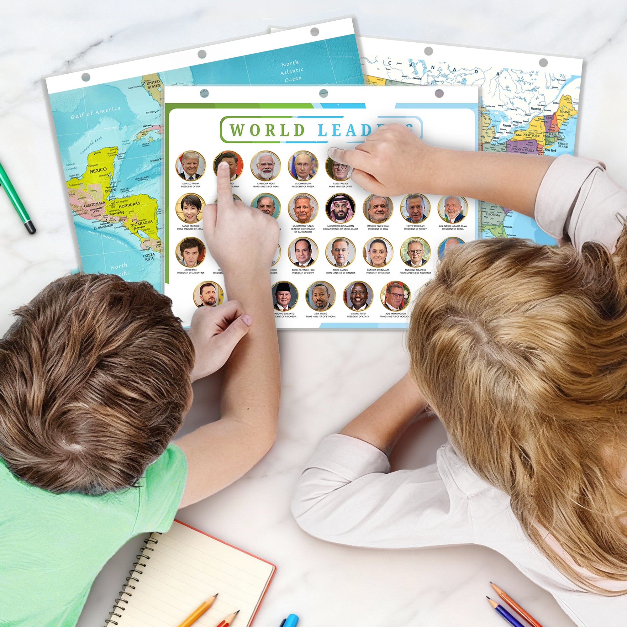 World Map & World Leaders Binder Insert | Geography Learning Chart for Kids
